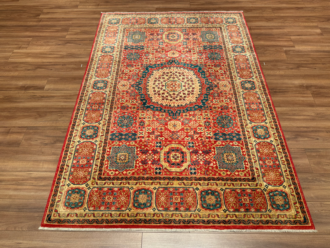 Mamluk Mughal Original Hand Woven Red Vegetable Dyed Wool Carpet 166x238 3.95 Square Meters - 5x7 ft