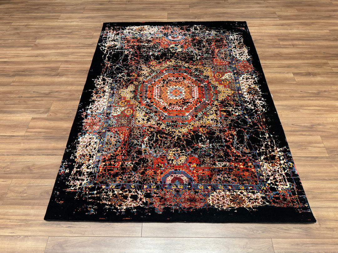 Mamluk Original Hand Woven Black Vegetable Dyed Wool Carpet 174x238 4.14 Square Meters - 5x8 ft