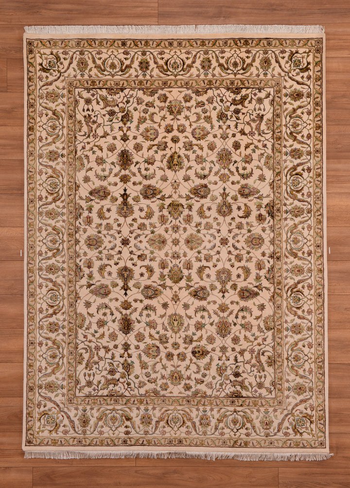 Indian Owl Original Hand Woven Beige Wool Bamboo Carpet 172x237 4.08 Square Meters - 5x8 ft