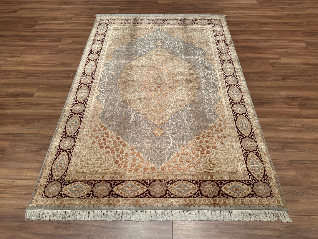 Hint Uşağı Orjinal El Dokuması Bej Kırmızı Yün Bambu Halı 166x242 4.02 Metrekare - 5x8 ft