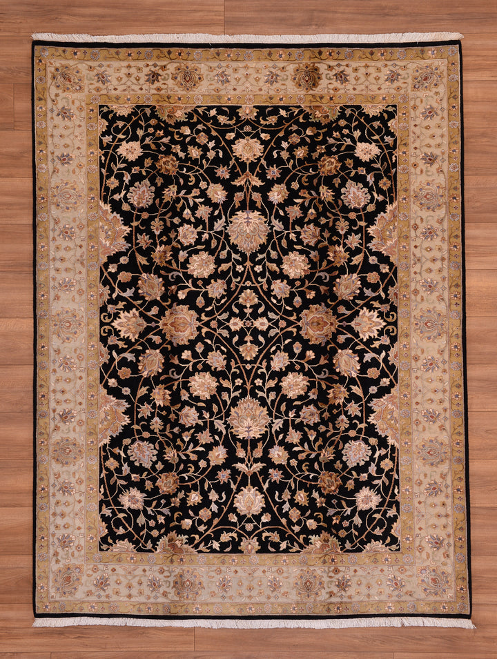 Indian Owl Original Hand Woven Black Cream Wool Bamboo Carpet 177x235 4.16 Square Meters - 5x8 ft