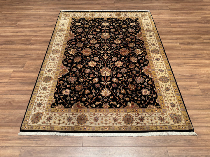 Indian Owl Original Hand Woven Black Cream Wool Bamboo Carpet 177x235 4.16 Square Meters - 5x8 ft