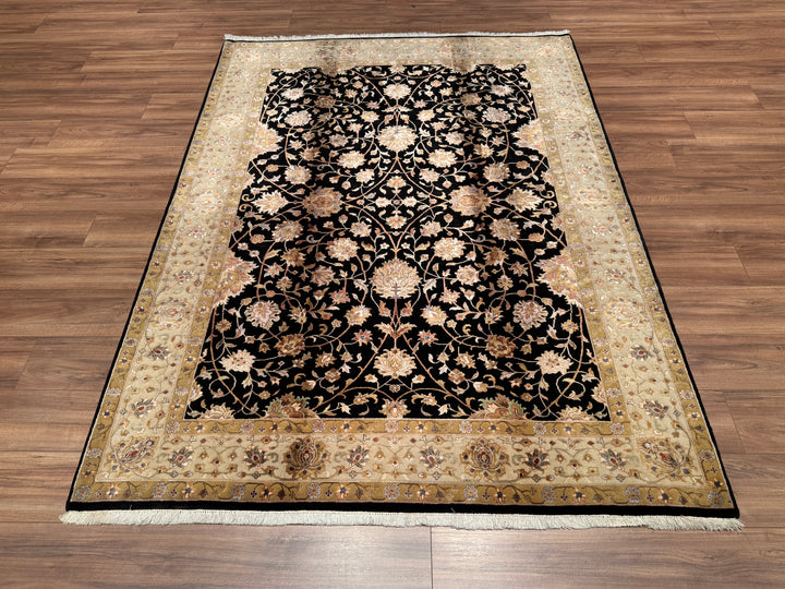 Indian Owl Original Hand Woven Black Cream Wool Bamboo Carpet 177x235 4.16 Square Meters - 5x8 ft