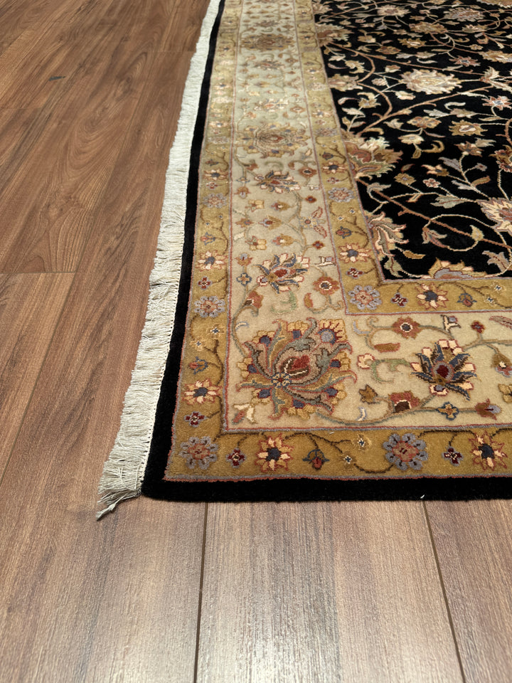 Indian Owl Original Hand Woven Black Cream Wool Bamboo Carpet 177x235 4.16 Square Meters - 5x8 ft