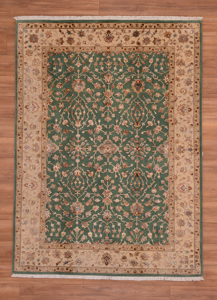 Indian Owl Original Hand Woven Green Cream Wool Bamboo Carpet 175x239 4.18 Square Meters - 5x8 ft