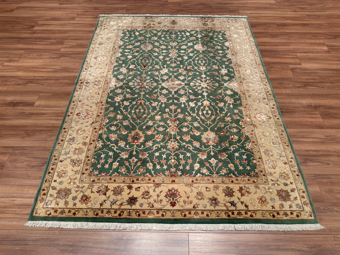 Indian Owl Original Hand Woven Green Cream Wool Bamboo Carpet 175x239 4.18 Square Meters - 5x8 ft