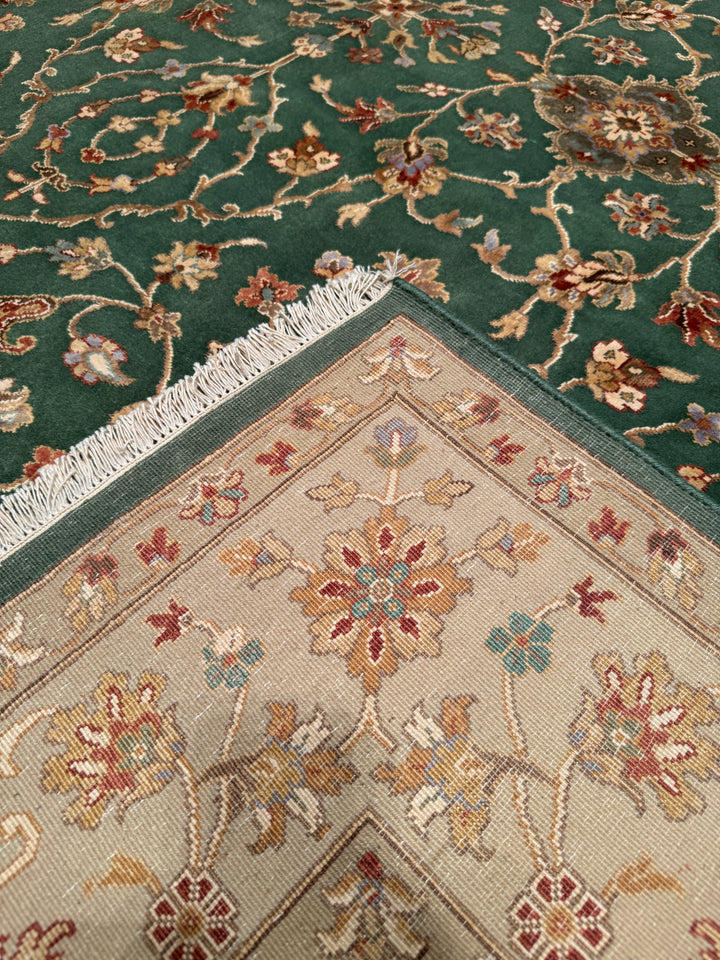 Indian Owl Original Hand Woven Green Cream Wool Bamboo Carpet 175x239 4.18 Square Meters - 5x8 ft