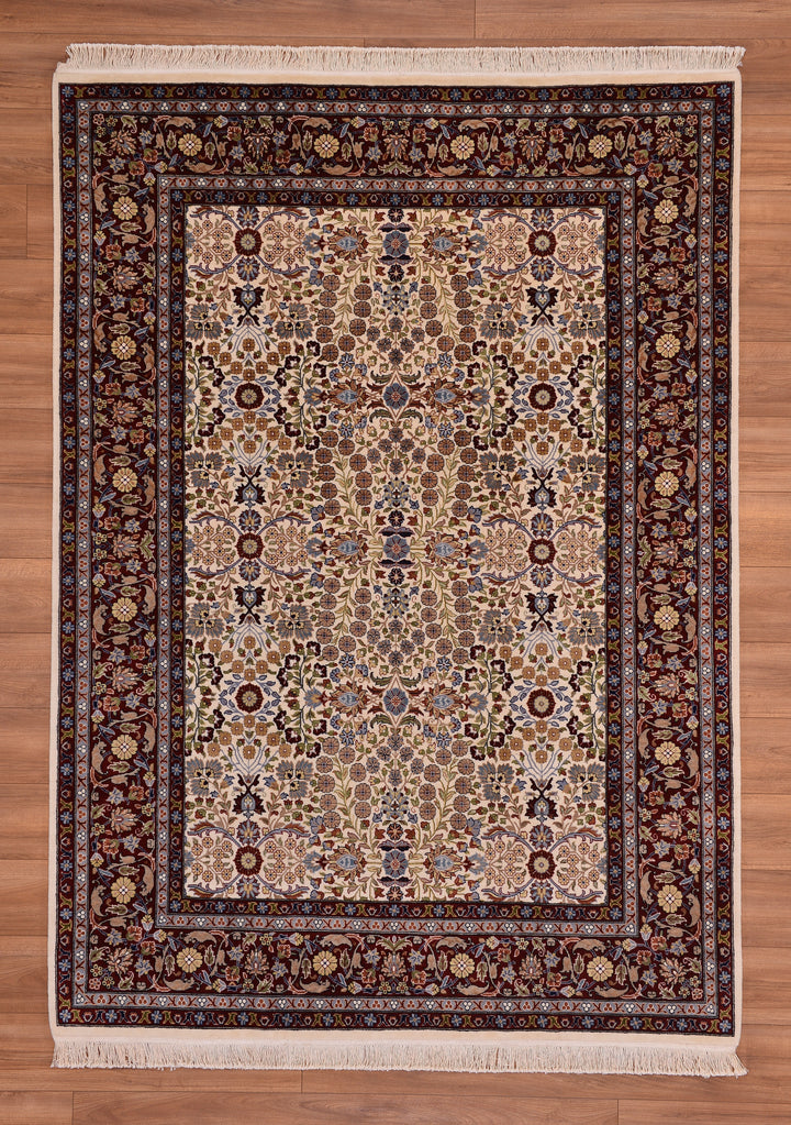 Hereke Seven Mountains Flower Original Hand Woven Red Cream Wool Carpet 177x245 4.34 Square Meters - 5x8 ft