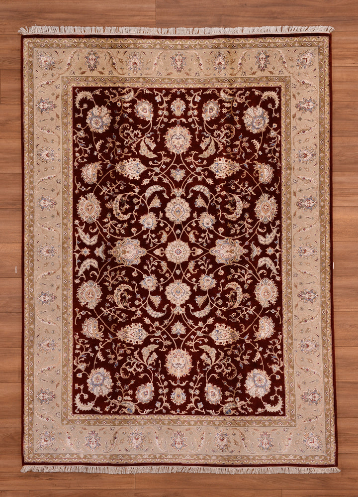 Indian Owl Original Hand Woven Red Cream Wool Bamboo Carpet 172x237 4.08 Square Meters - 5x8 ft