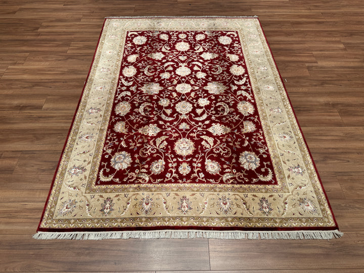 Indian Owl Original Hand Woven Red Cream Wool Bamboo Carpet 172x237 4.08 Square Meters - 5x8 ft