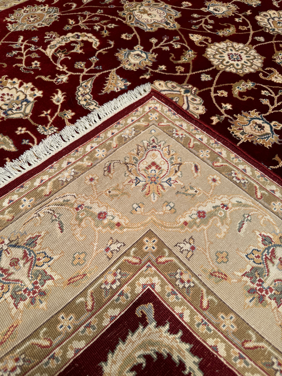 Indian Owl Original Hand Woven Red Cream Wool Bamboo Carpet 172x237 4.08 Square Meters - 5x8 ft