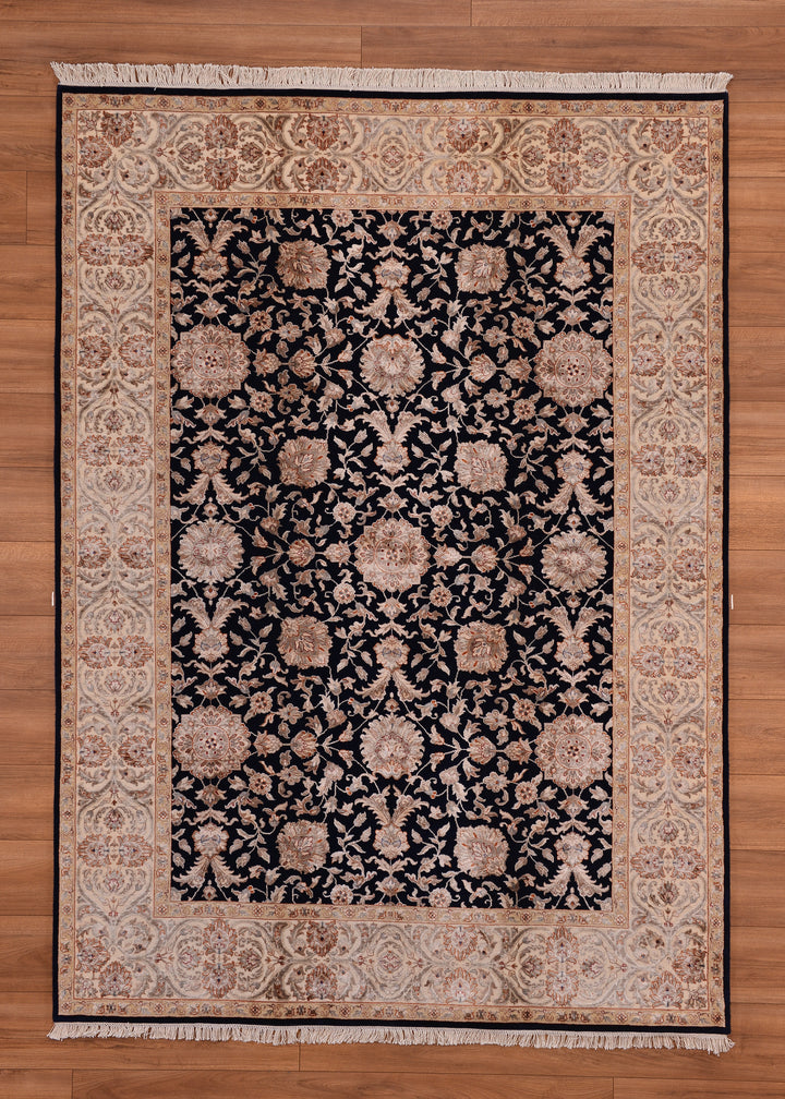 Indian Owl Original Hand Woven Black Cream Wool Bamboo Carpet 174x242 4.21 Square Meters - 5x8 ft