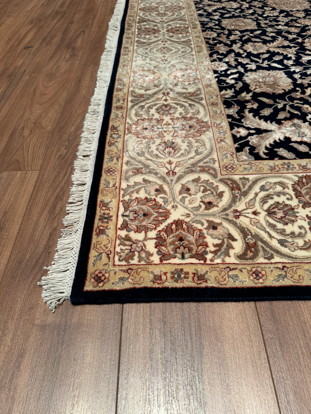 Indian Owl Original Hand Woven Black Cream Wool Bamboo Carpet 174x242 4.21 Square Meters - 5x8 ft