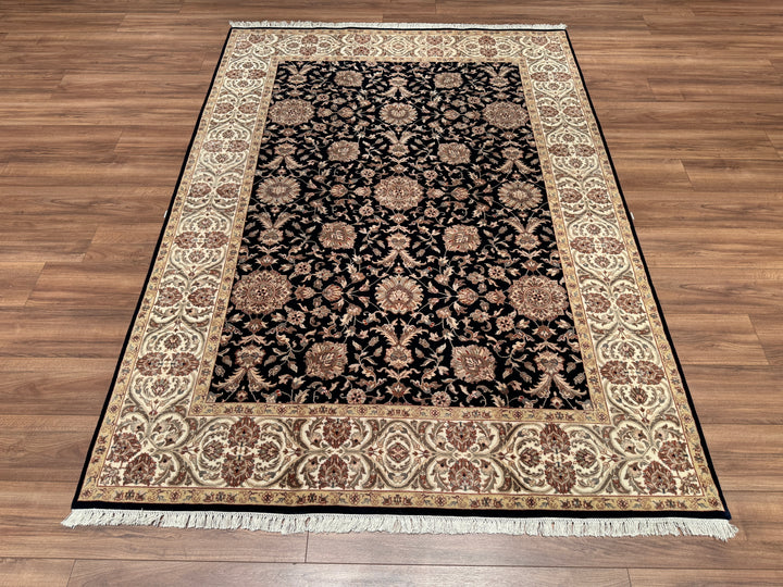 Indian Owl Original Hand Woven Black Cream Wool Bamboo Carpet 174x242 4.21 Square Meters - 5x8 ft