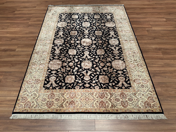 Indian Owl Original Hand Woven Black Cream Wool Bamboo Carpet 174x242 4.21 Square Meters - 5x8 ft