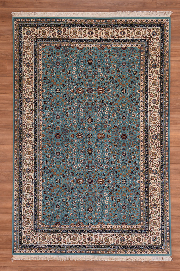 Hereke Seven Mountains Flower Original Hand Woven Blue Cream Wool Carpet 177x245 4.34 Square Meters - 5x8 ft