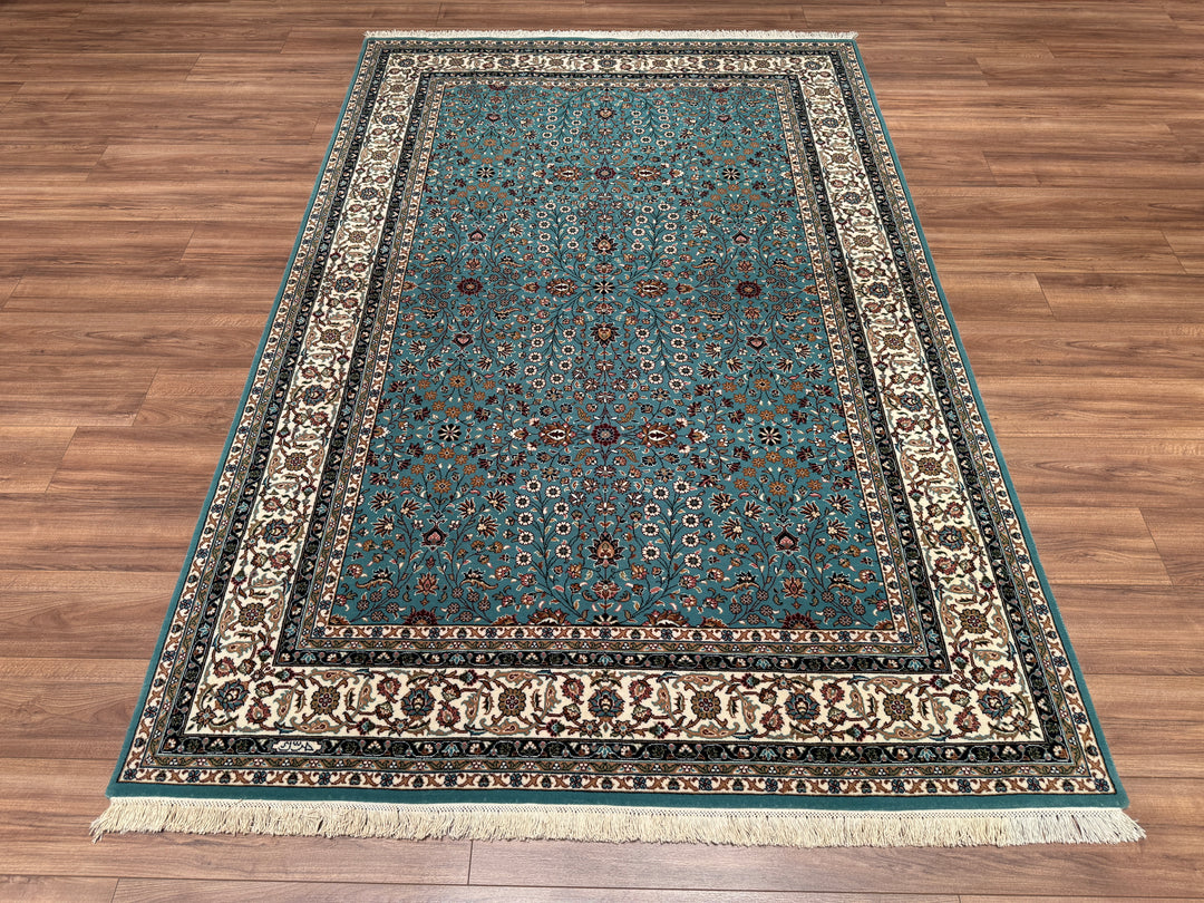 Hereke Seven Mountains Flower Original Hand Woven Blue Cream Wool Carpet 177x245 4.34 Square Meters - 5x8 ft