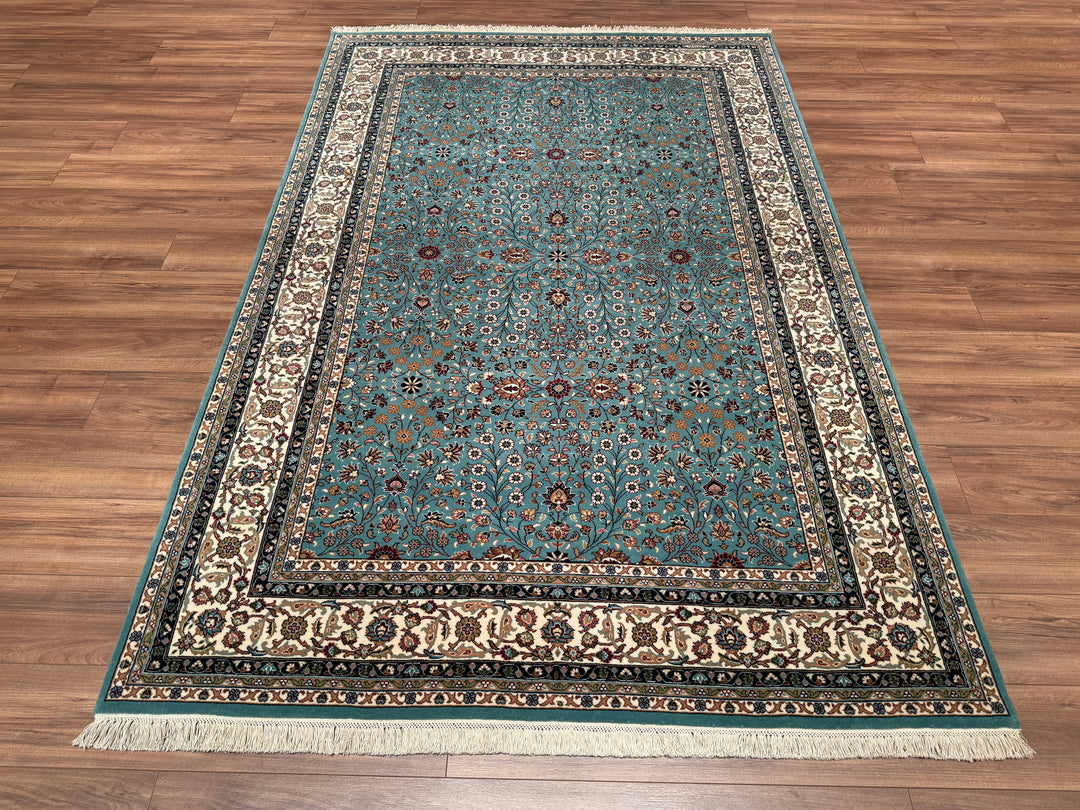 Hereke Seven Mountains Flower Original Hand Woven Blue Cream Wool Carpet 177x245 4.34 Square Meters - 5x8 ft