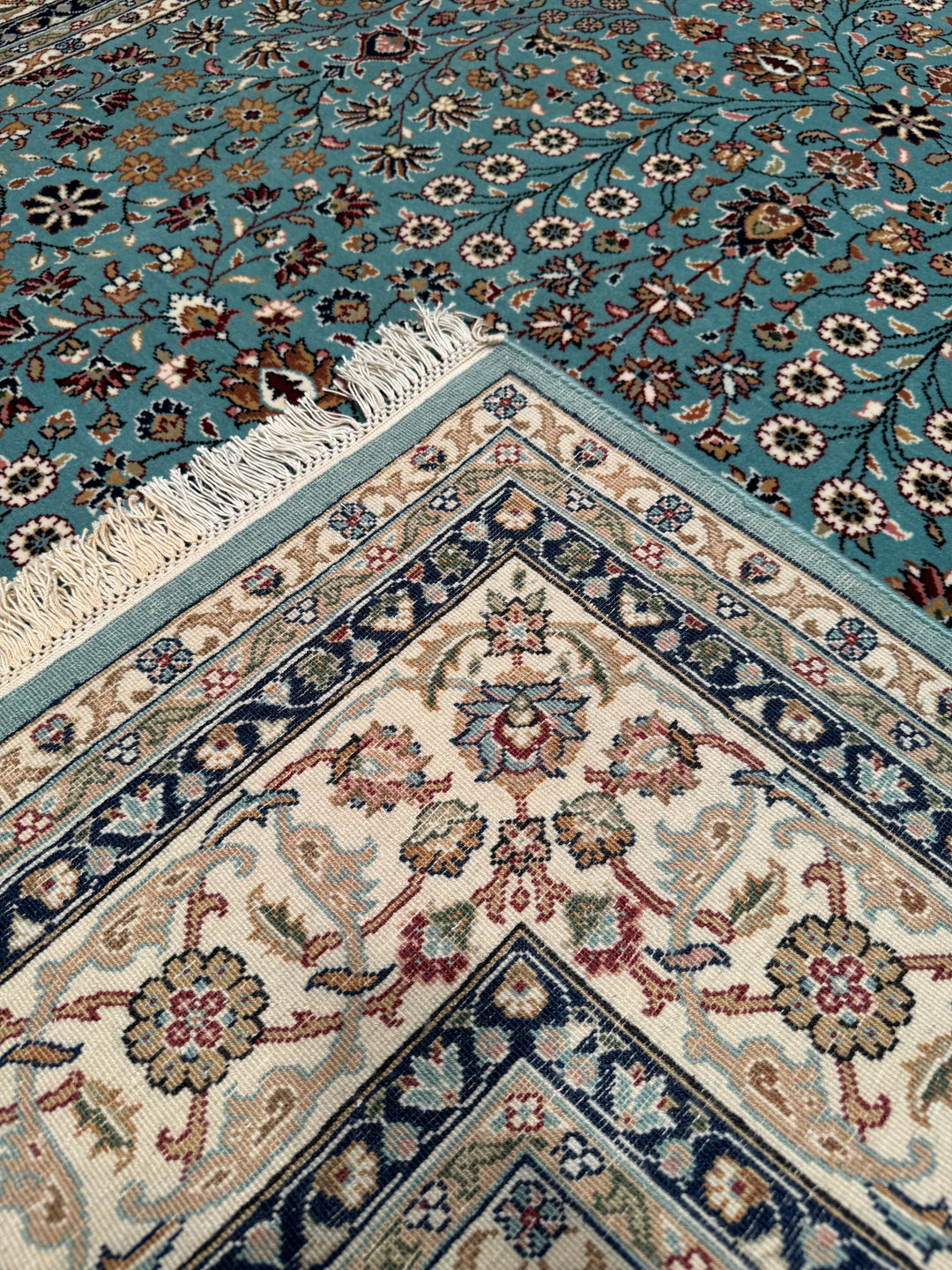 Hereke Seven Mountains Flower Original Hand Woven Blue Cream Wool Carpet 177x245 4.34 Square Meters - 5x8 ft