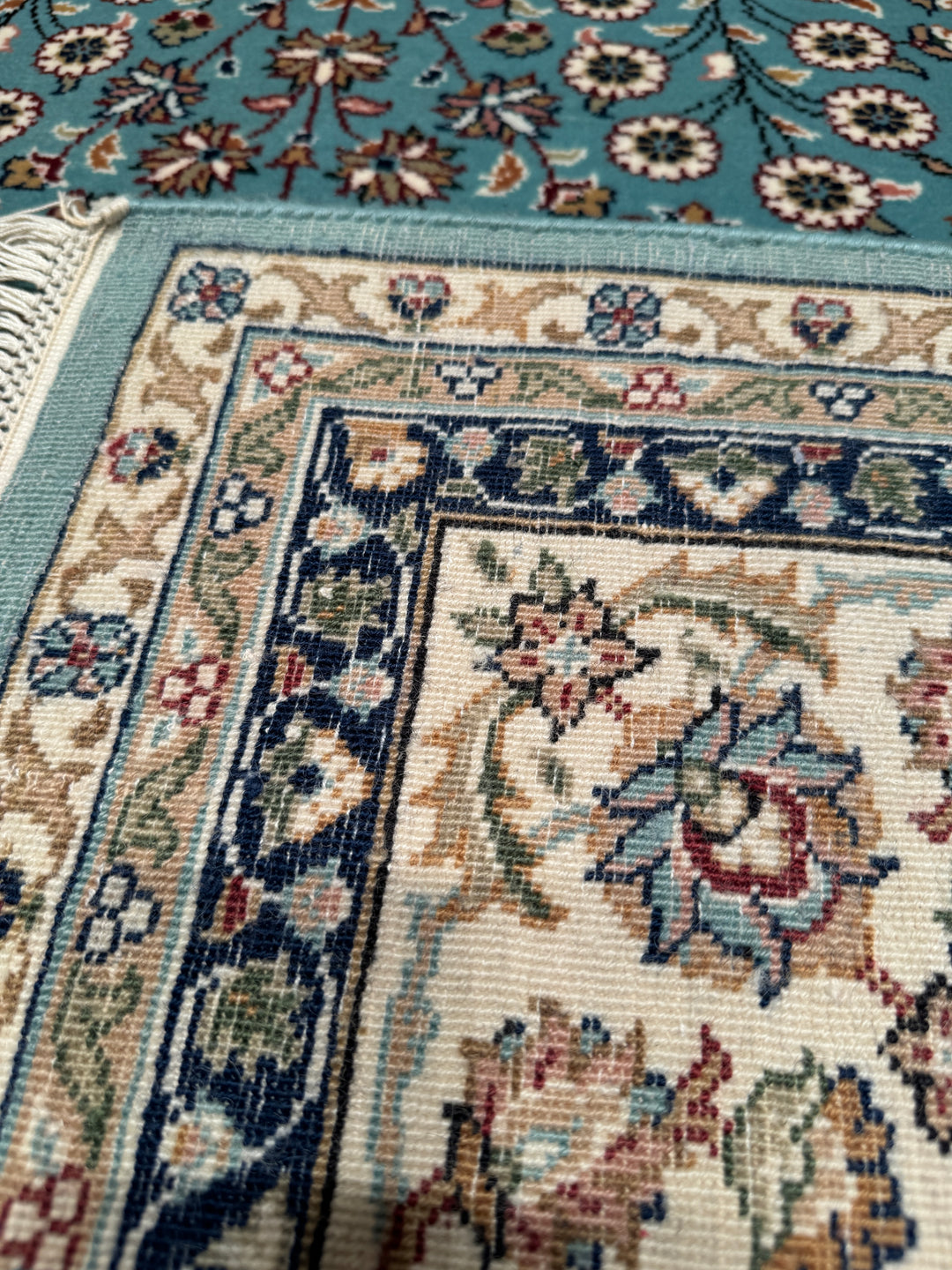 Hereke Seven Mountains Flower Original Hand Woven Blue Cream Wool Carpet 177x245 4.34 Square Meters - 5x8 ft