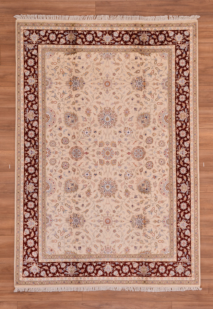 Indian Owl Original Hand Woven Red Cream Wool Bamboo Carpet 166x239 3.97 Square Meters - 5x8 ft