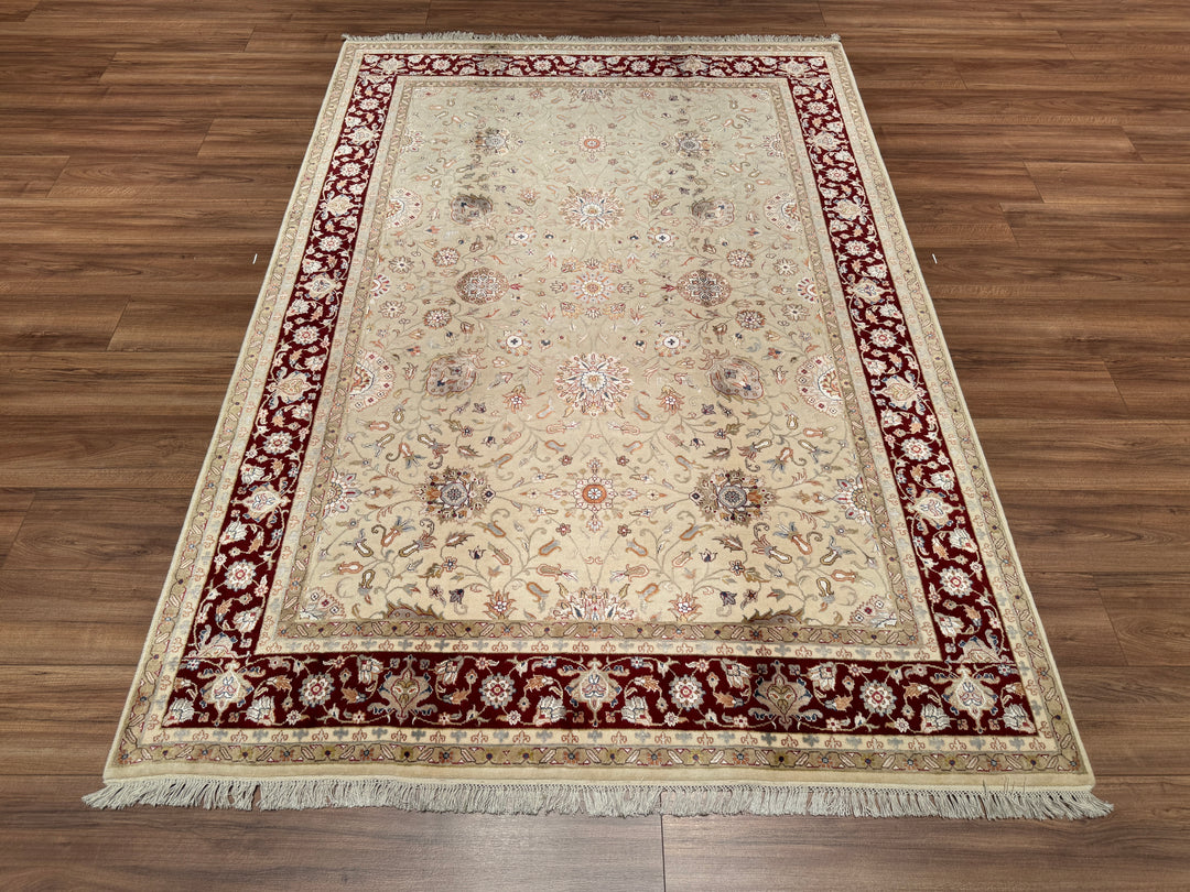 Indian Owl Original Hand Woven Red Cream Wool Bamboo Carpet 166x239 3.97 Square Meters - 5x8 ft