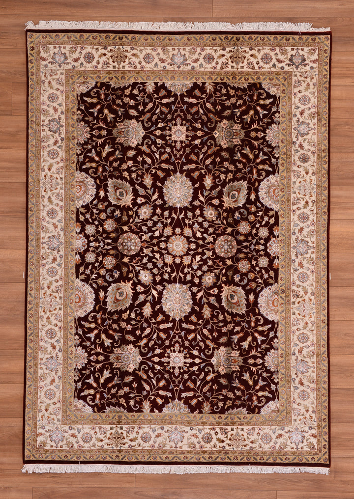 Indian Owl Original Hand Woven Red Cream Wool Bamboo Carpet 175x249 4.36 Square Meters - 5x8 ft