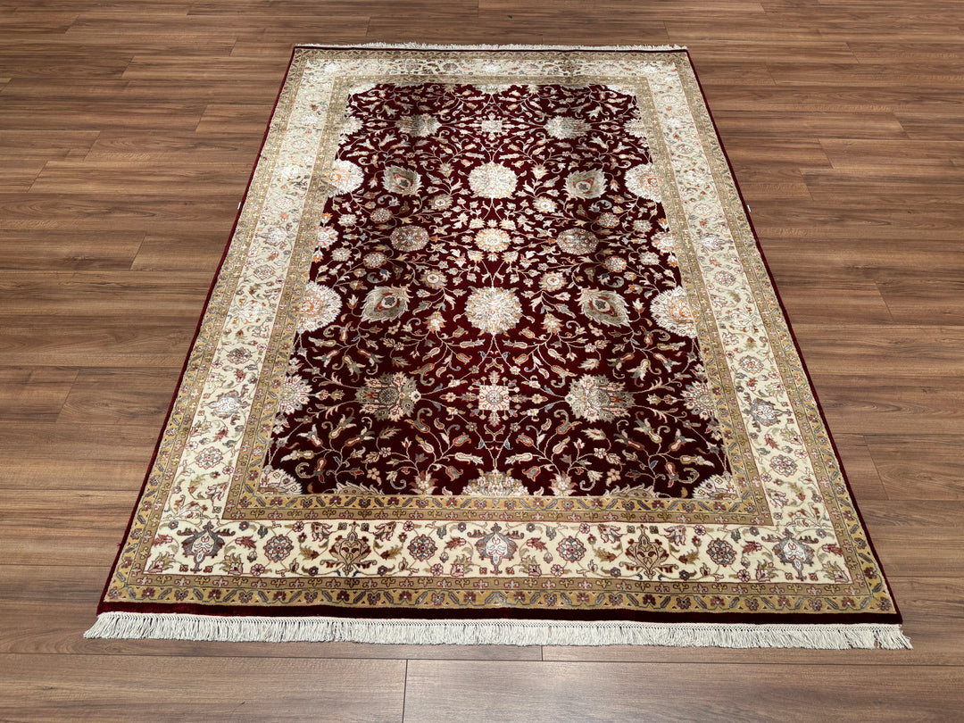 Hint Uşağı Orjinal El Dokuması Kırmızı Krem Yün Bambu Halı 175x249 4.36 Metrekare - 5x8 ft