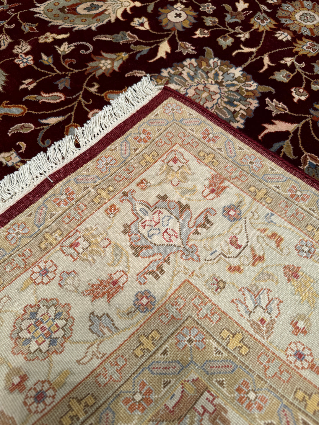 Indian Owl Original Hand Woven Red Cream Wool Bamboo Carpet 175x249 4.36 Square Meters - 5x8 ft