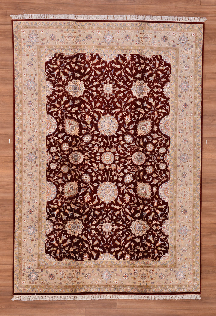 Indian Owl Original Hand Woven Red Cream Wool Bamboo Carpet 169x243 4.11 Square Meters - 5x8 ft