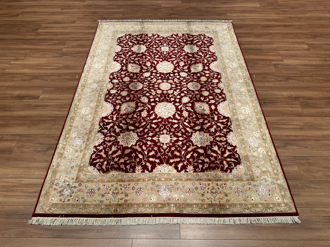 Indian Owl Original Hand Woven Red Cream Wool Bamboo Carpet 169x243 4.11 Square Meters - 5x8 ft