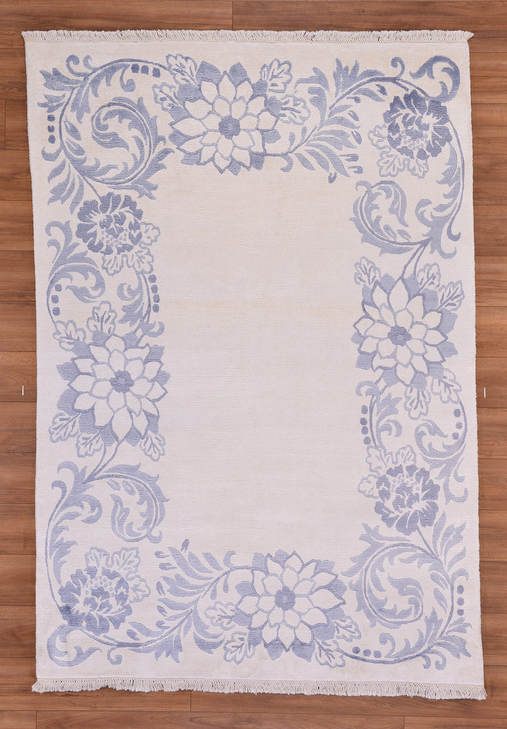 Damask Desenli Orjinal El Dokuması Beyaz Bambu Halı 171x242 4.14 Metrekare - 5x8 ft