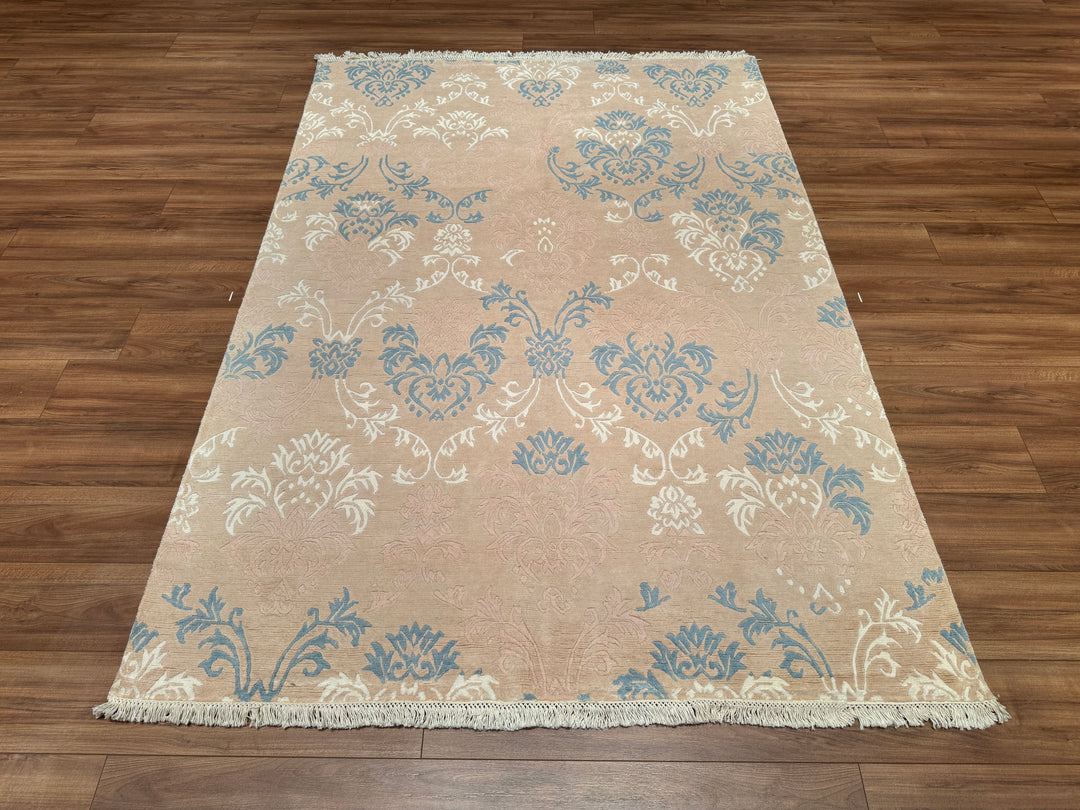 Original Hand Woven Beige Bamboo Carpet with Damask Pattern 167x238 3.97 Square Meters - 5x8 ft