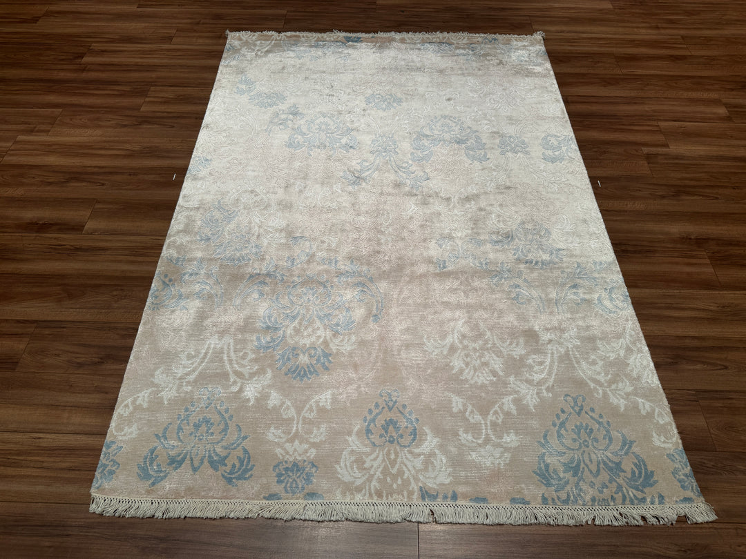 Original Hand Woven Beige Bamboo Carpet with Damask Pattern 167x238 3.97 Square Meters - 5x8 ft