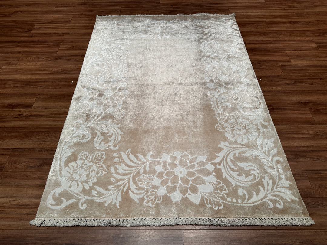 Original Hand Woven Cream Bamboo Carpet with Damask Pattern 168x238 3.99 Square Meters - 5x8 ft