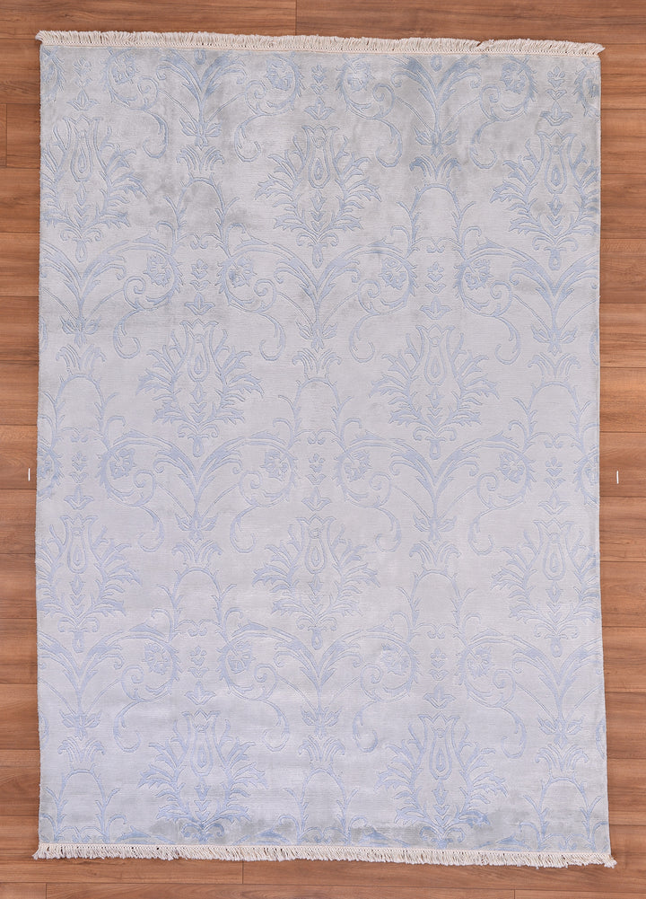 Original Hand Woven Blue Bamboo Carpet with Damask Pattern 168x237 3.98 Square Meters - 5x8 ft