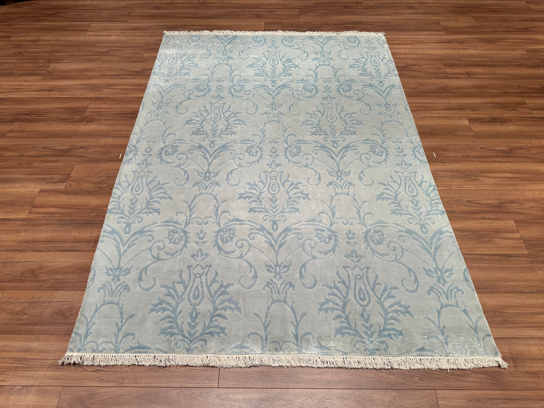 Original Hand Woven Blue Bamboo Carpet with Damask Pattern 168x237 3.98 Square Meters - 5x8 ft