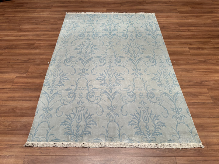 Original Hand Woven Blue Bamboo Carpet with Damask Pattern 168x237 3.98 Square Meters - 5x8 ft