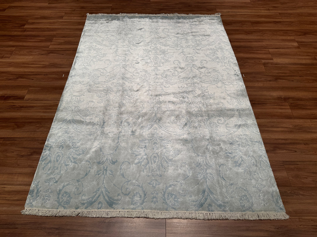 Damask Desenli Orjinal El Dokuması Mavi Bambu Halı 168x237 3.98 Metrekare - 5x8 ft