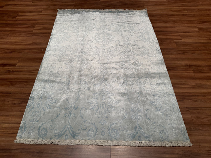 Original Hand Woven Blue Bamboo Carpet with Damask Pattern 168x237 3.98 Square Meters - 5x8 ft