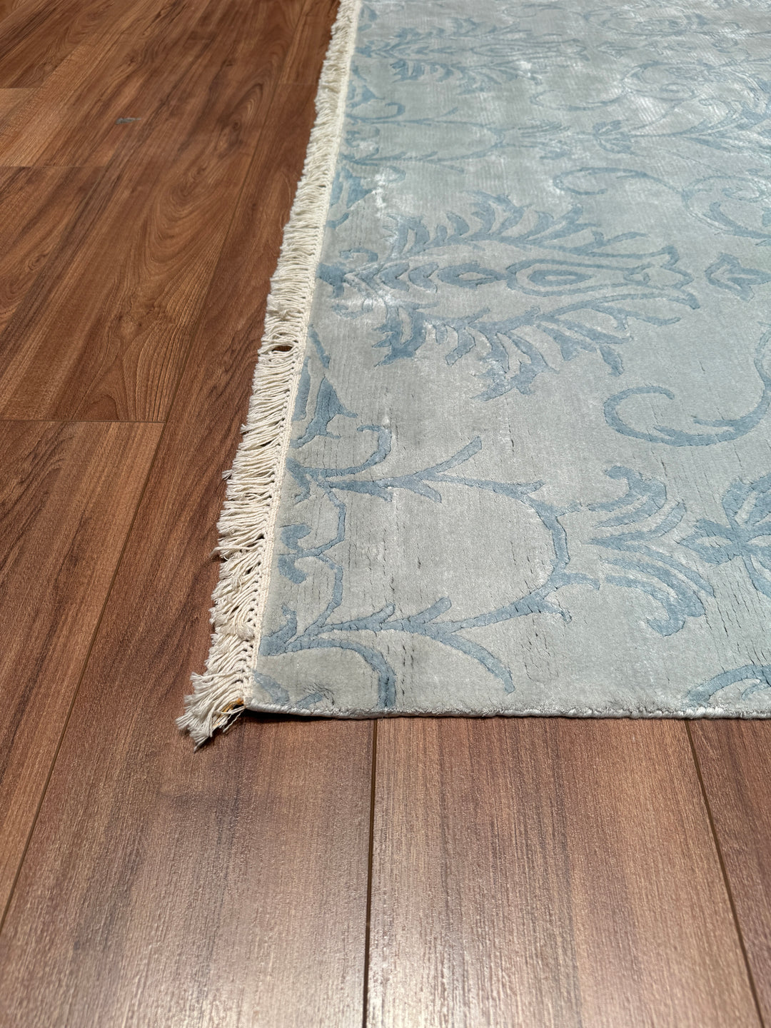 Original Hand Woven Blue Bamboo Carpet with Damask Pattern 168x237 3.98 Square Meters - 5x8 ft