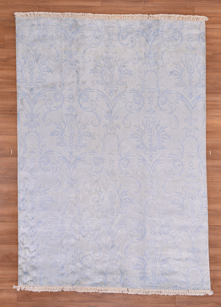 Original Hand Woven Blue Bamboo Carpet with Damask Pattern 166x240 3.98 Square Meters - 5x8 ft