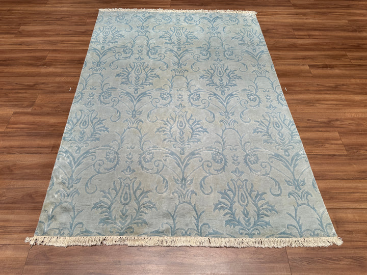 Original Hand Woven Blue Bamboo Carpet with Damask Pattern 166x240 3.98 Square Meters - 5x8 ft