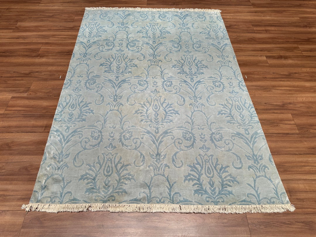 Original Hand Woven Blue Bamboo Carpet with Damask Pattern 166x240 3.98 Square Meters - 5x8 ft