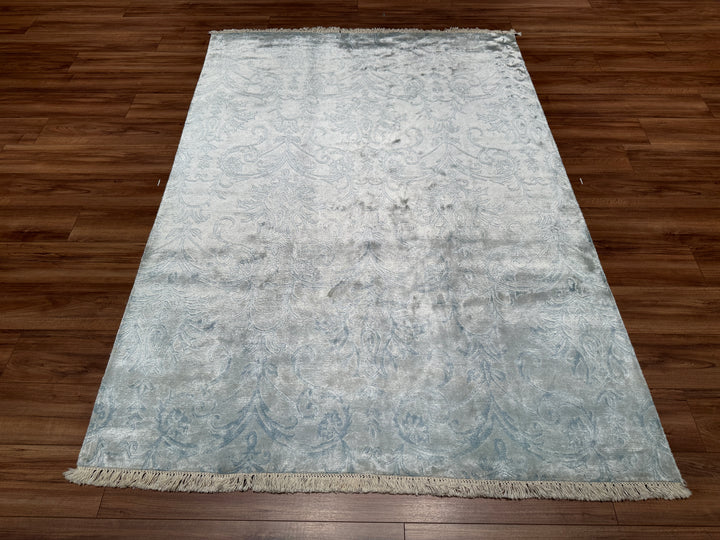 Original Hand Woven Blue Bamboo Carpet with Damask Pattern 166x240 3.98 Square Meters - 5x8 ft