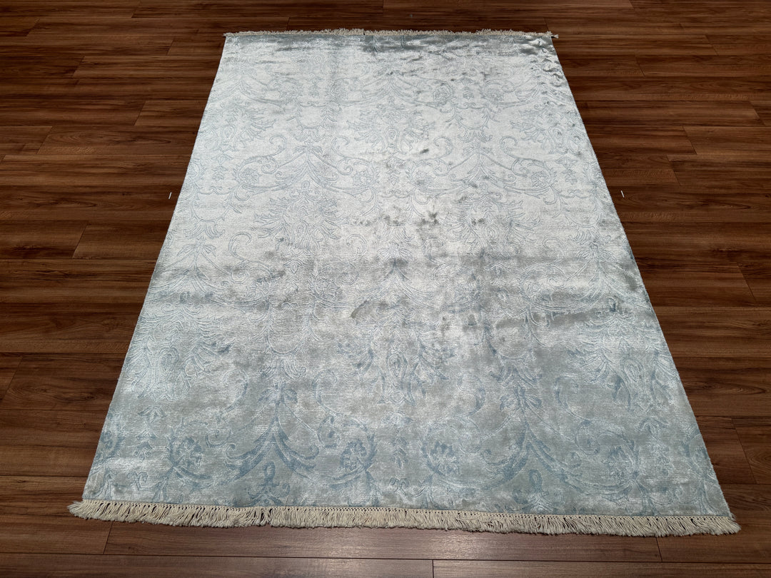 Damask Desenli Orjinal El Dokuması Mavi Bambu Halı 166x240 3.98 Metrekare - 5x8 ft