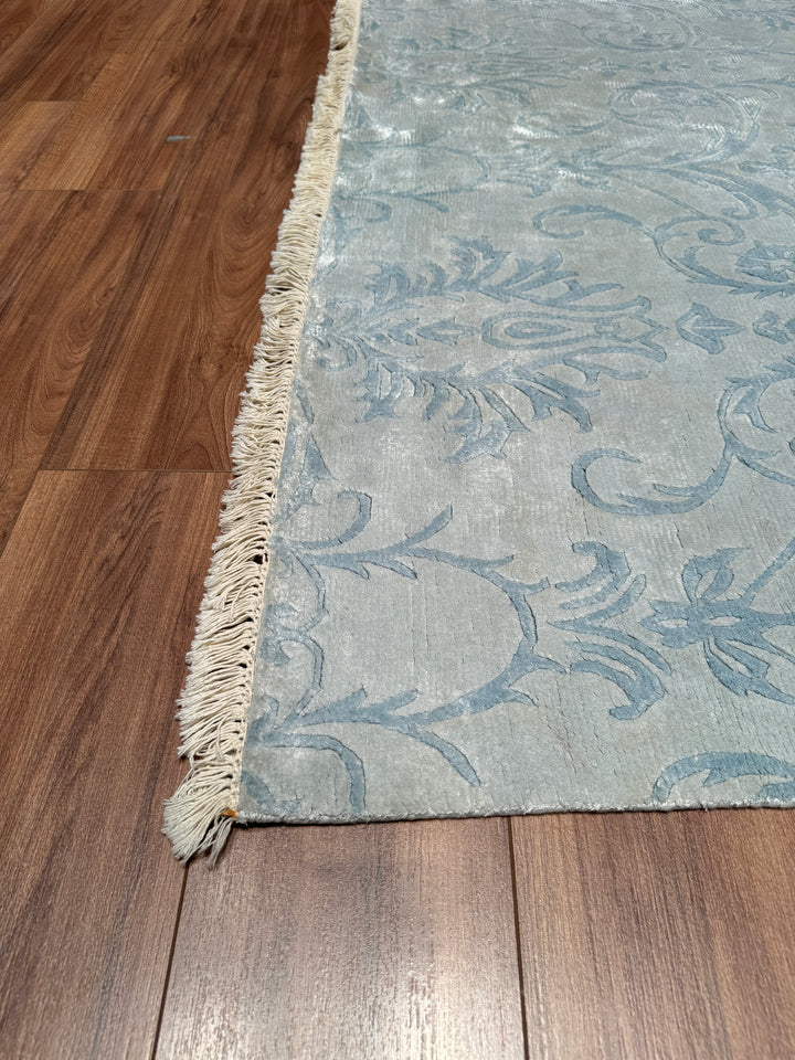 Original Hand Woven Blue Bamboo Carpet with Damask Pattern 166x240 3.98 Square Meters - 5x8 ft