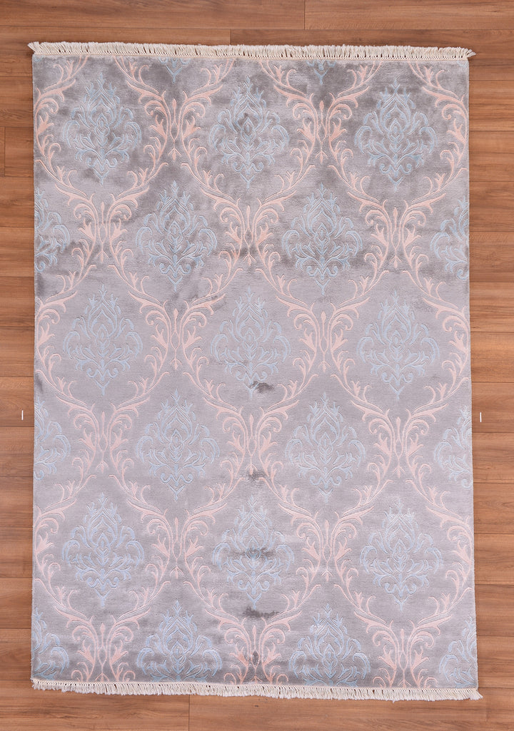 Damask Desenli Orjinal El Dokuması Mavi Bambu Halı 170x242 4.08 Metrekare - 5x8 ft