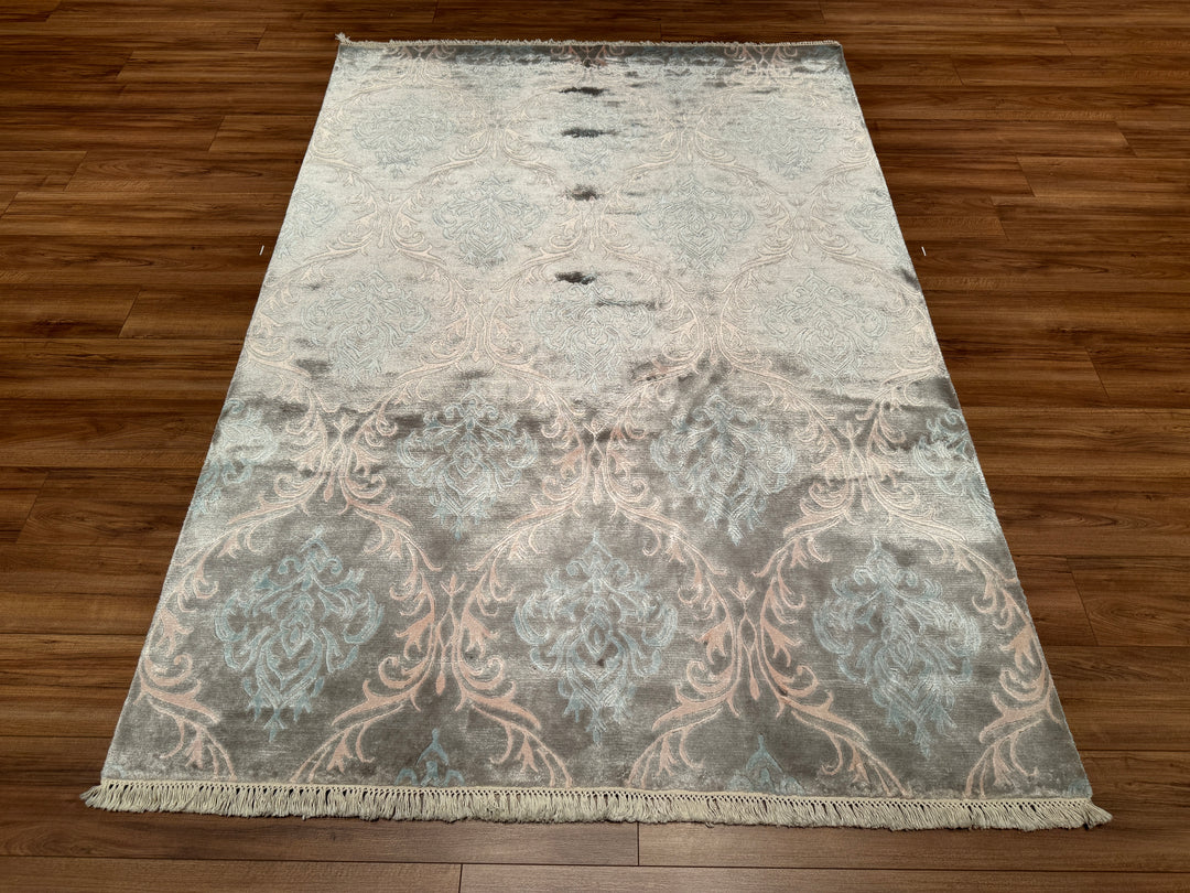 Damask Desenli Orjinal El Dokuması Mavi Bambu Halı 170x242 4.08 Metrekare - 5x8 ft