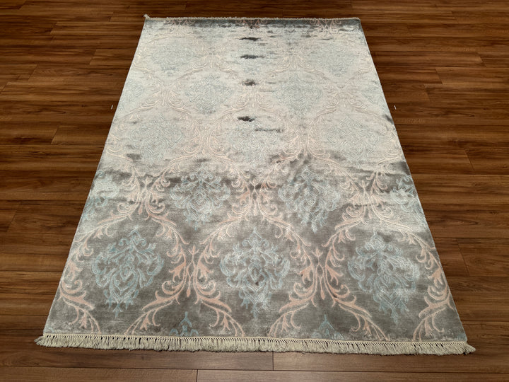 Original Hand Woven Blue Bamboo Carpet with Damask Pattern 170x242 4.08 Square Meters - 5x8 ft